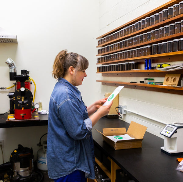 Image of Katie Cargiulo, western coffee buyer and member of the WCR board, evaluating samples for the WCR International Multilocation Variety Trial (IMLVT)