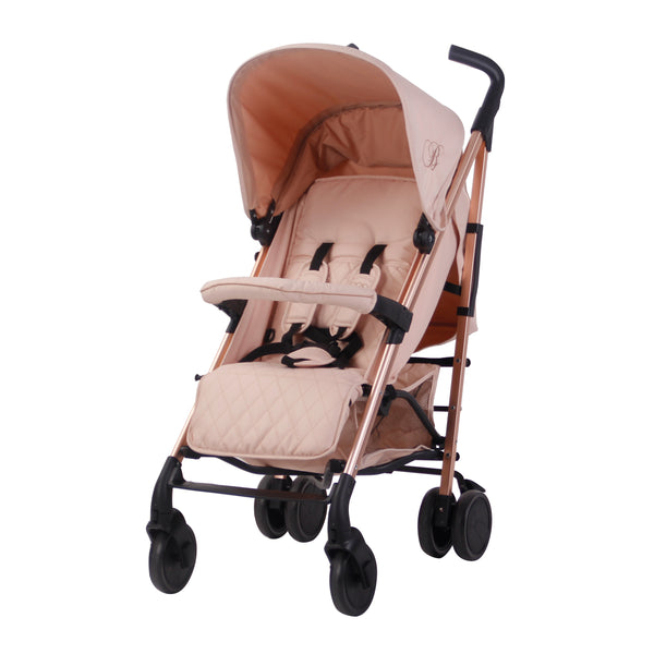 green and rose gold pram