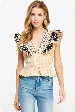 Embroidery Detailed Ruffle Linen Top