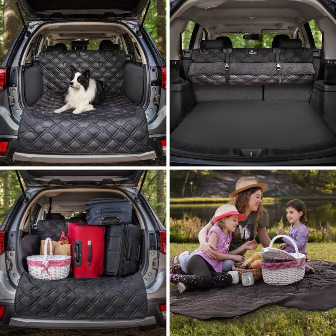 Dog laying on Meadowlark Cargo Liner, Meadowlark Cargo Liner rolled and stored, Luggage stiting on Meadowlark Cargo Liner, Family sitting on Meadowlark Cargo Liner outside on grass.
