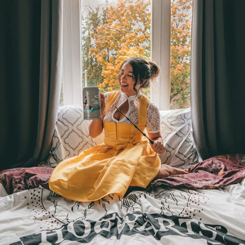 woman wearing a yellow dirndl with a modern twist