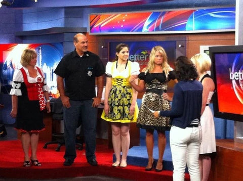 Rare Dirndl team making a television appearance on the Atlanta morning news show wearing traditional bavarian dirndl dresses