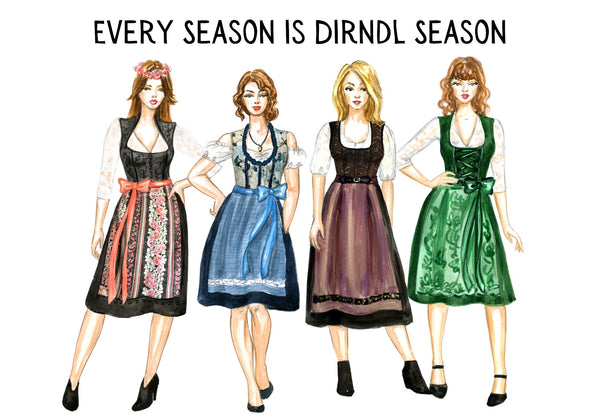 4 fashion illustrations of women wearing colorful dirndls and white blouses