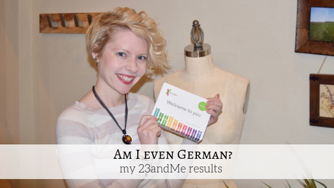 girl holding up a 23 and me dna test box at a dirndl shop in chicago