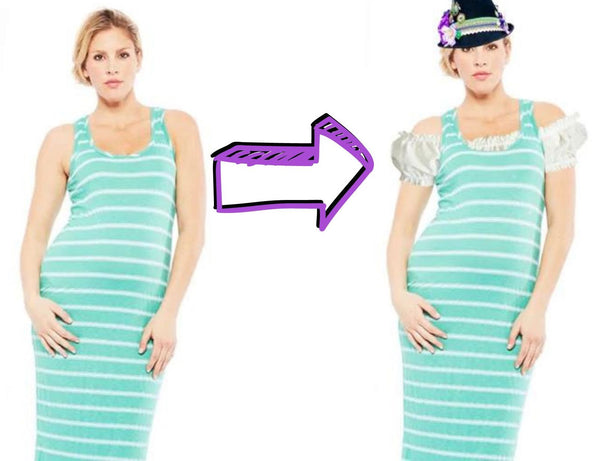 Pregnant woman wearing a striped dress and then next to hear that same image but she is wearing an off-the-shoulder dirndl blouse and a bavarian inspired hat for oktoberfest