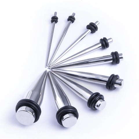 Surgical steel tapers come in a range of sizes to help the ear stretching process.