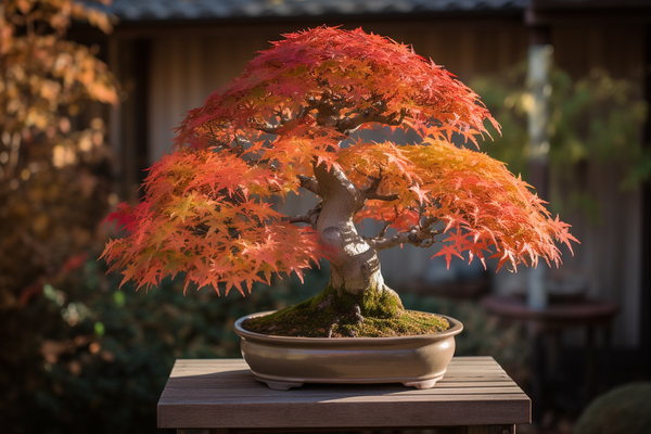 A beautiful Japanese maple Bonsai tree in full autumn colors, showcasing the results of proper care and cultivation