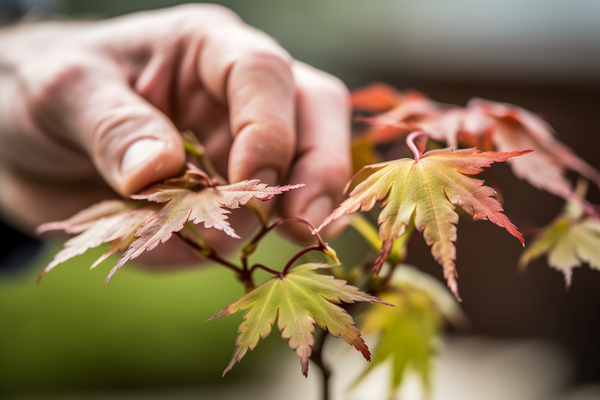 A close-up of a gardener's hand plucking buds from a Japanese maple Bonsai tree