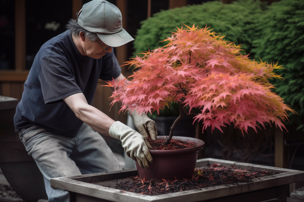 A gardener applying fertilizer to a Japanese maple Bonsai tree