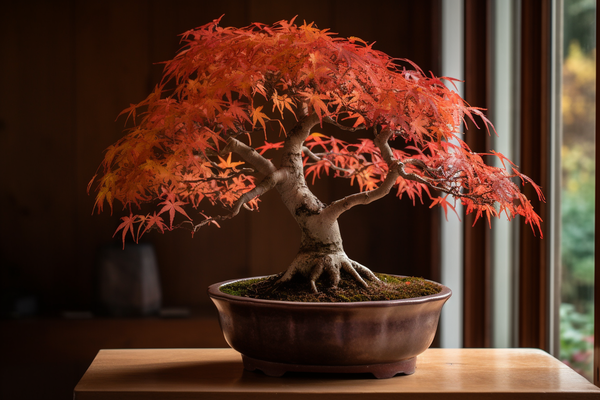 A stunning Japanese maple Bonsai tree in a decorative pot, with vibrant autumn foliage