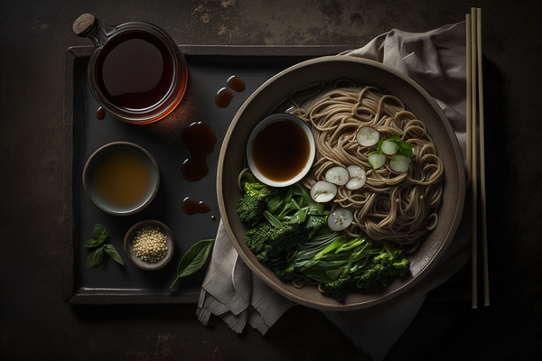 photo of a bowl of cold soba noodles with dipping sauce and condiments