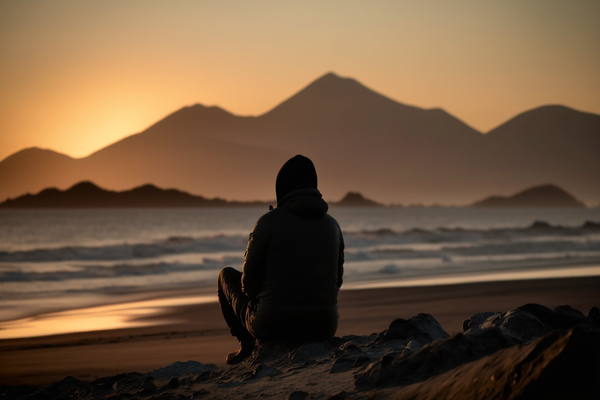 photo of a person sitting on the beach at sunset, with the ocean and mountains in the background
