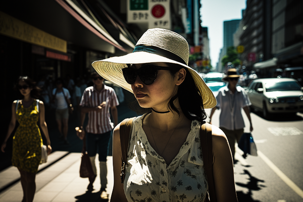 photo of a person wearing a hat and sunglasses walking on a street in Tokyo