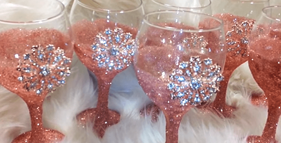 DIY glitter wine glasses with rhinestone accent