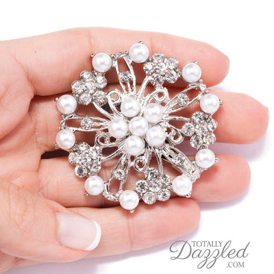 Rhinestone Brooches | Silver Rhinestone Brooch & Pearls - Totally Dazzled