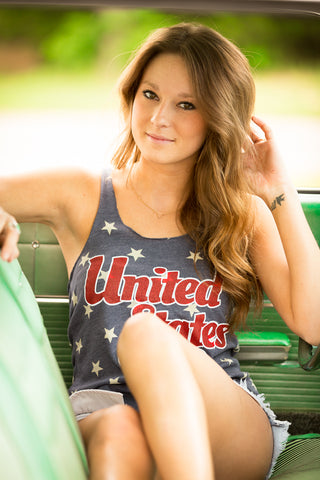 Lush Fashion Lounge American Summer collection | Patriotic tank tops, red white and blue tank tops, patriotic graphic tanks. Model wearing United States graphic tank