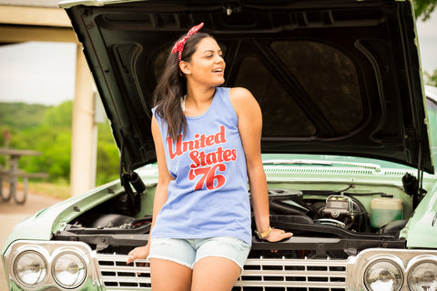 Lush Fashion Lounge American Summer collection | Women's summer graphic tanks, patriotic tank tops for women, graphic tanks for women. Model wearing United States 76 tank top