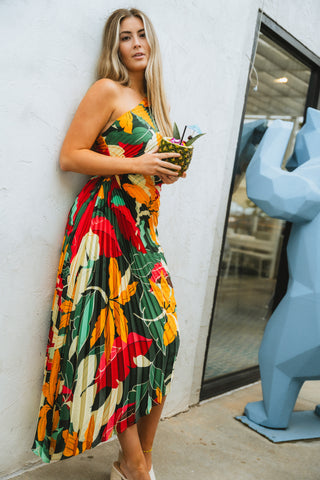 Pleated floral maxi dress from Lush Fashion Lounge boutique in Oklahoma City