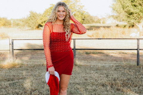 Red beaded dress from Lush Fashion Lounge women's boutique in Oklahoma City