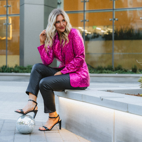 Pink sequin blazer from Lush Fashion Lounge women's boutique in Oklahoma City