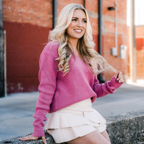 Pink sweater from Lush Fashion Lounge women's boutique in Oklahoma City 