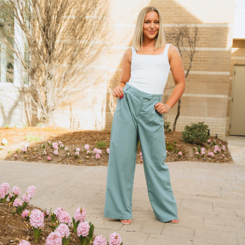 Blue wide leg pants from Lush Fashion Lounge boutique in Oklahoma city