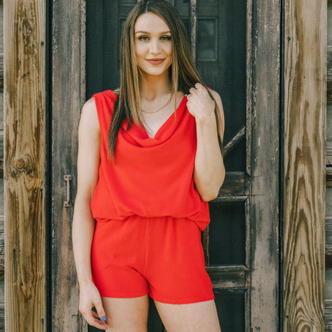 Red romper from Lush Fashion Lounge women's boutique in Oklahoma City 