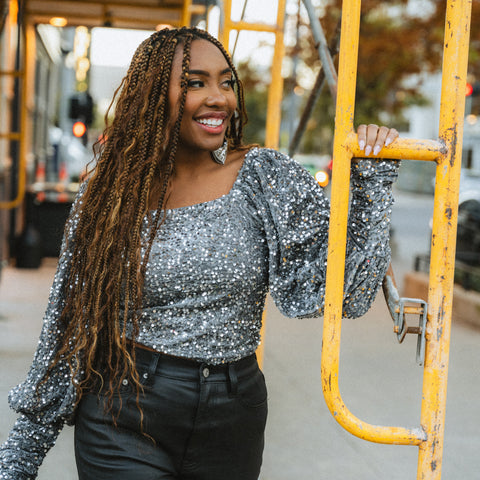 Sequin balloon sleeve top from Lush Fashion Lounge women's boutique in Oklahoma City