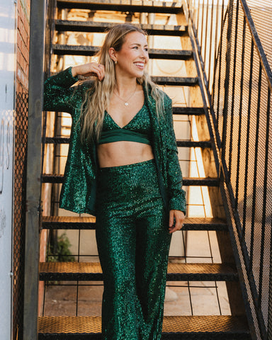 Green sequin 3 piece set from Lush Fashion Lounge women's boutique in Oklahoma City