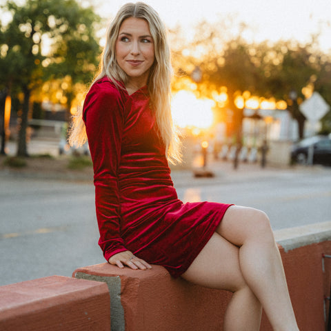 Red velvet dress from Lush Fashion Lounge womens boutique