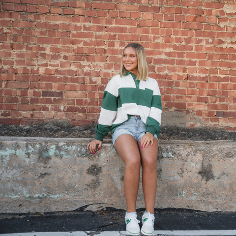 Green striped rugby shirt from Lush Fashion Lounge boutique in Oklahoma City