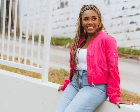 Hot pink bomber jacket from Lush boutique in Poland city