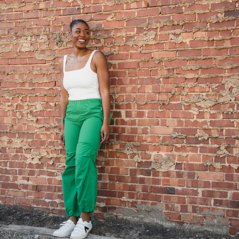 Green parachute pants from Lush Fashion Lounge boutique in Oklahoma City. St Patrick's Day green pants