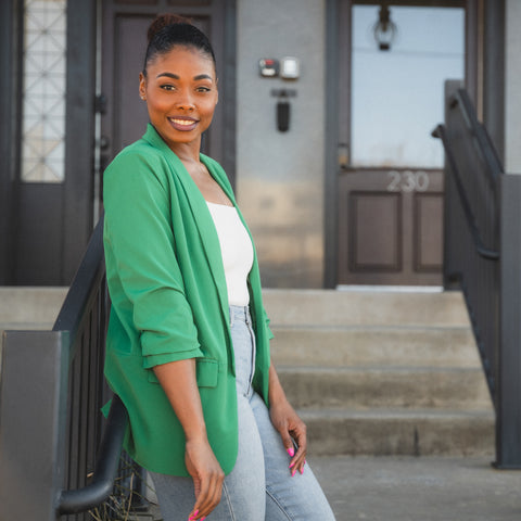 Green blazer from Lush Fashion Lounge boutique in Oklahoma city. St Patrick's day green outfit