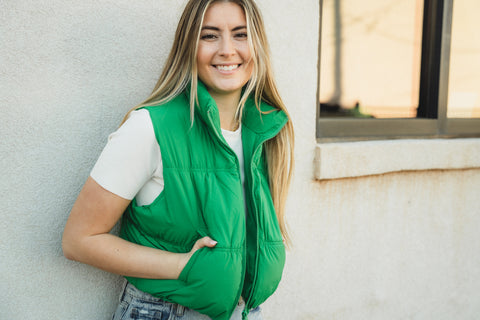 Green puffer vest from generatoarekipor boutique in Poland City