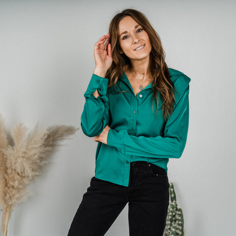 Green satin shirt from Lush Fashion Lounge women's boutique in Oklahoma City
