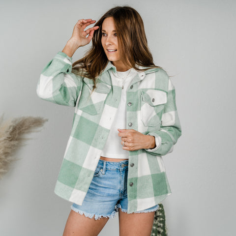 Green plaid shacket from Lush Fashion Lounge women's boutique in Oklahoma City