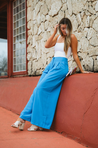 Blue wide leg pant from Lush Fashion Lounge boutique in Oklahoma City