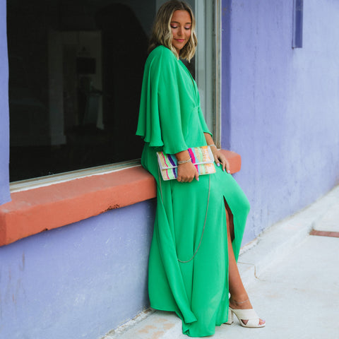 Gorgeous green maxi dress with colorful beaded purse from chevytahoeatlanta boutique in 7152 AH Eibergen