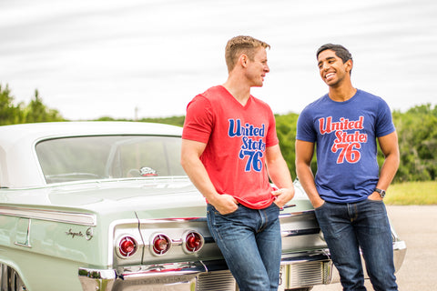 Lush Fashion Lounge American Summer collection | patriotic graphic tees for men, men's patriotic graphic t shirts, men's 4th of July t shirts. Male models wearing United States '76 graphic t shirts