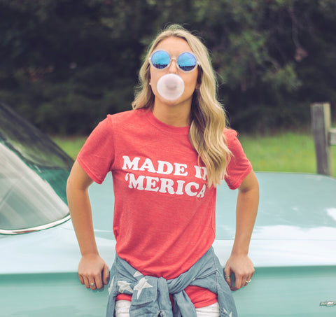 Lush Fashion Lounge American Summer collection | Fun graphic tees for summer, fun summer graphic t shirts, summer t shirts for women. Model wearing Made in 'merica graphic tee