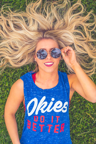 Lush Fashion Lounge American Summer collection | Okie graphic tank tops, Okie pride tank tops, Okie pride apparel. Model wearing Okies Do It Better tank top