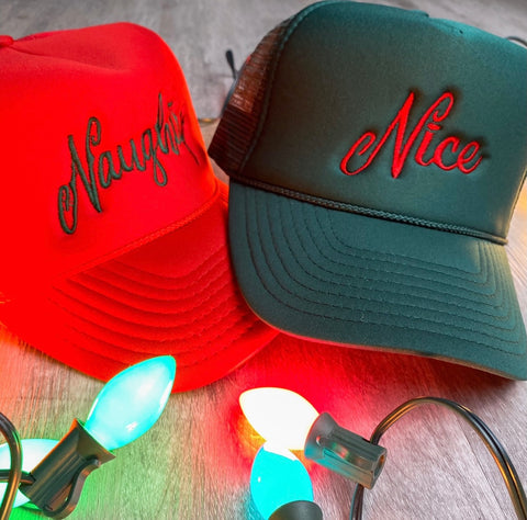 Naughty and Nice trucker hats from Lush Fashion Lounge boutique in Oklahoma 