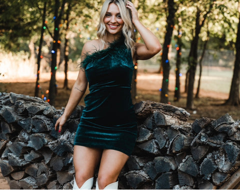 Green velvet dress from Lush Fashion Lounge women's boutique in Oklahoma City