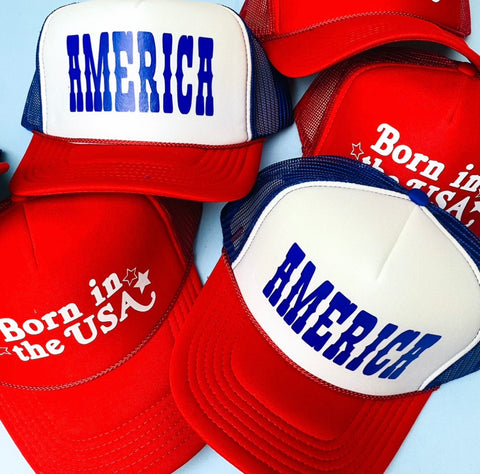 4th of July trucker hats from Lush Fashion Lounge women's boutique in Oklahoma City 