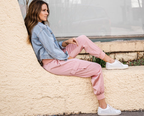 Pink silky joggers from Lush Fashion Lounge women's boutique in Oklahoma City