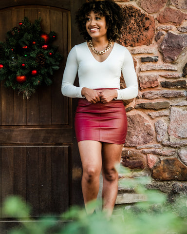 Red leather skirt from Lush Fashion Lounge women's boutique in Oklahoma City 