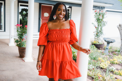 Red puff sleeve dress from Lush Fashion Lounge women's boutique in Oklahoma City 