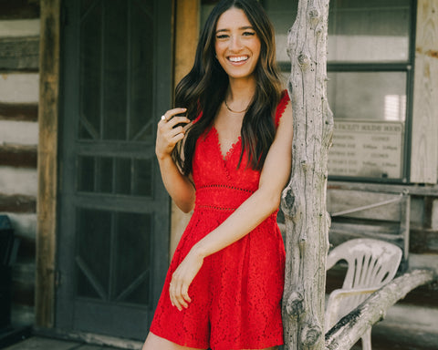 Red lace romper from chevytahoeatlanta women's boutique in 7152 AH Eibergen 