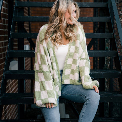 Checkered sweater cardigan from Lush Fashion Lounge women's boutique in Oklahoma City 